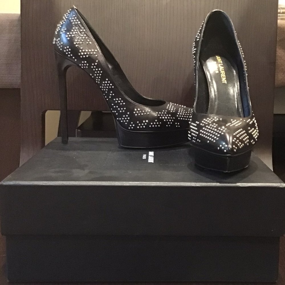 Saint Laurent Black Leather Stilettos with Embellishments Size 8
